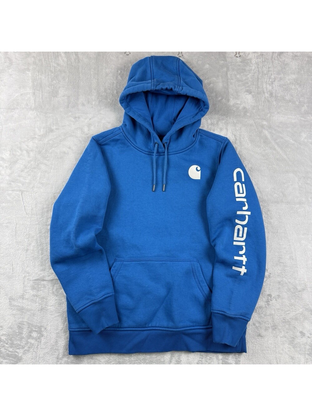 Carhart Soild Logo Hoodie Fleece YouthL (Fit S) Relaxed Fit Workwear Blue Pockek